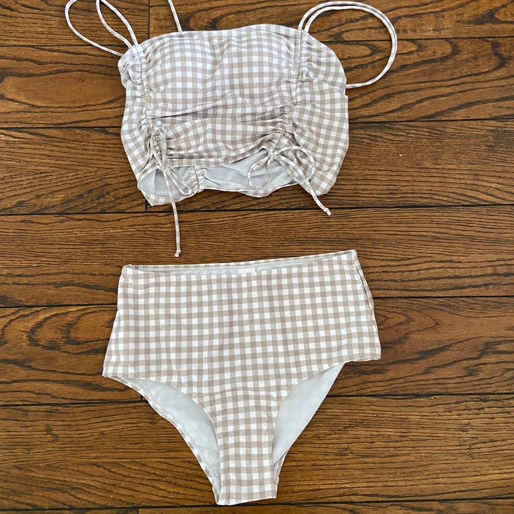 Beige Gingham Print Swimsuit